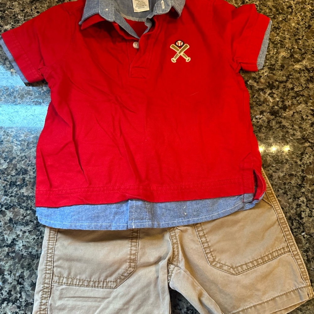 Gymboree Red and Blue Polo Shirt with Embroidered Detail and Khaki Shorts